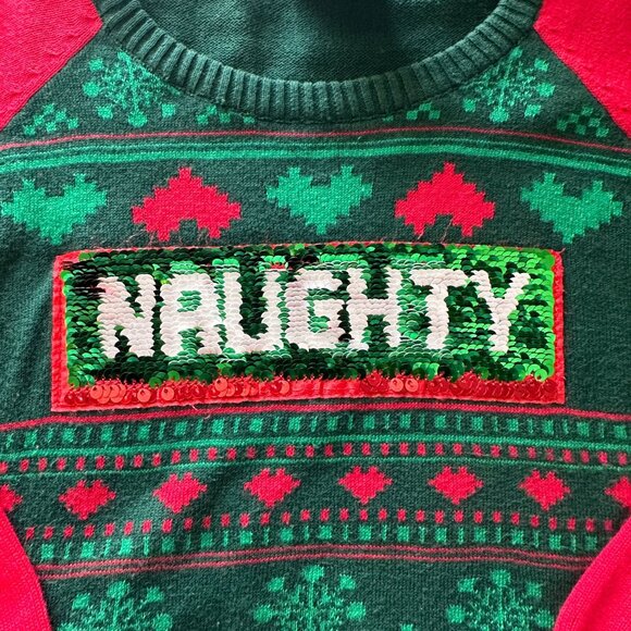 Childrens Holiday Sweater With Sequin Flip Naughty/Nice Design Green & Red Size - Picture 3 of 6
